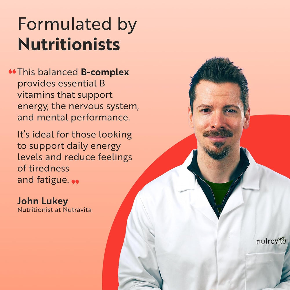 Nutritionist in a white coat with promotional text about a B-complex supplement on a pink background