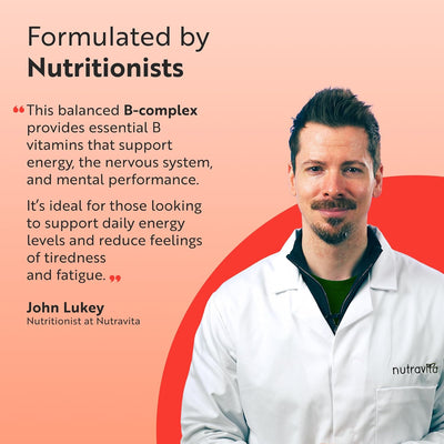 Nutritionist in a white coat with promotional text about a B-complex supplement on a pink background