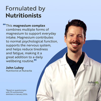 Promotional graphic for a nutrition supplement featuring a smiling man in a white lab coat with the nutraVita logo, alongside text stating 'Fornulated by Nutritionists' and a quote by John Lukey, Nutritionist at NutraVita, on a light blue background with dark blue graphic shapes.