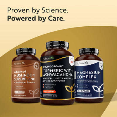Three NutraVita dietary supplement bottles displayed together on a warm beige and gold background with the text 'Proven by Science. Powered by Care.