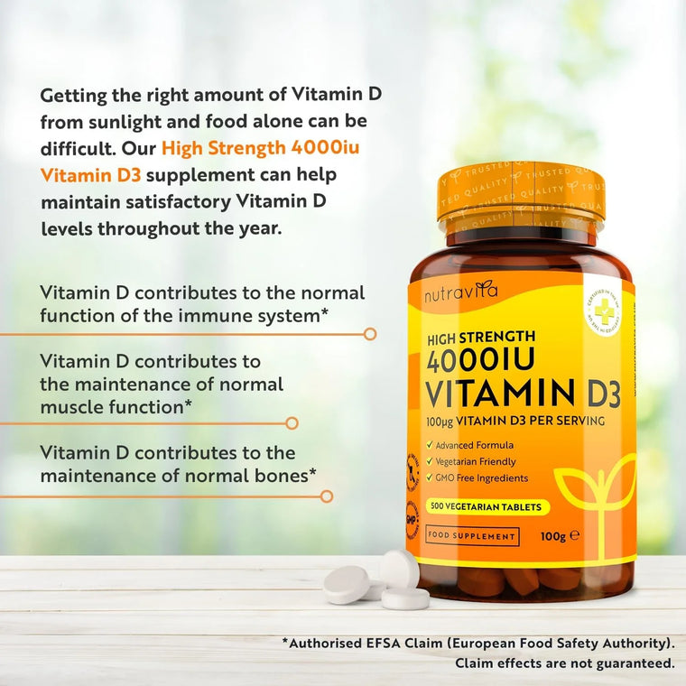 High Strength Vitamin D3 4000iu - 500 Vegetarian Tablets