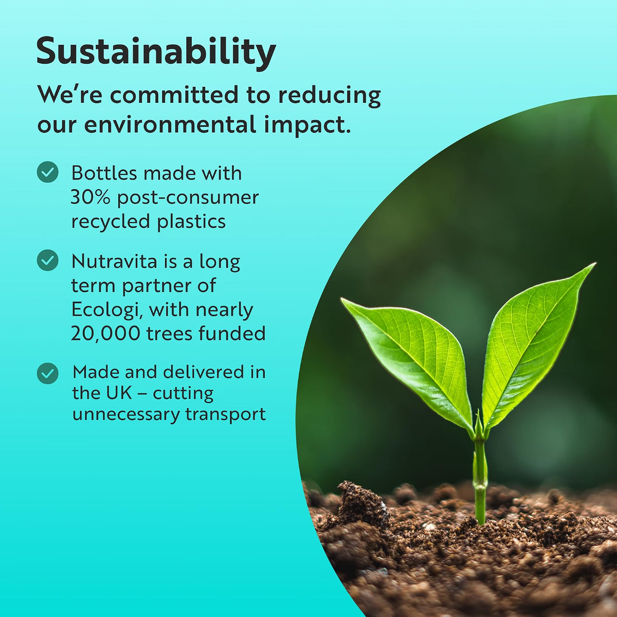 Sustainability promotional graphic with a turquoise background, text about reducing environmental impact, bullet points about post-consumer recycled plastics, Ecologi partnership, and a circular inset photo of a green seedling in soil.