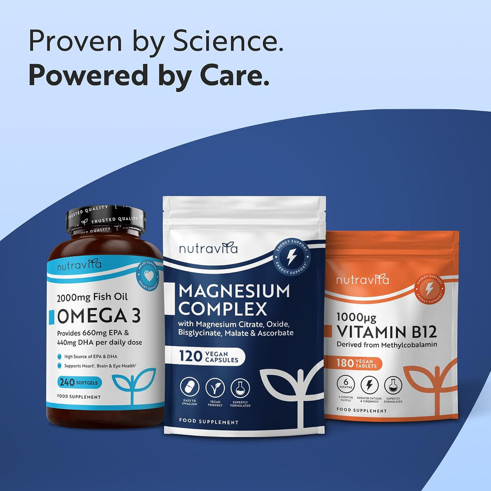 Three NutraVita dietary supplement products displayed together on a blue and light blue graphic background: a brown bottle of Omega 3 fish oil, a white and navy bag of magnesium complex, and an orange pouch of vitamin B12. Text at the top reads, 'Proven by Science.