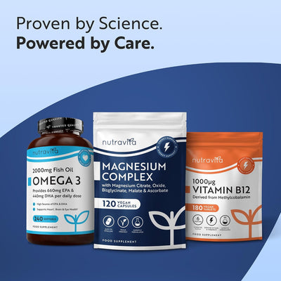 Three NutraVita dietary supplement products displayed together on a blue and light blue graphic background: a brown bottle of Omega 3 fish oil, a white and navy bag of magnesium complex, and an orange pouch of vitamin B12. Text at the top reads, 'Proven by Science.