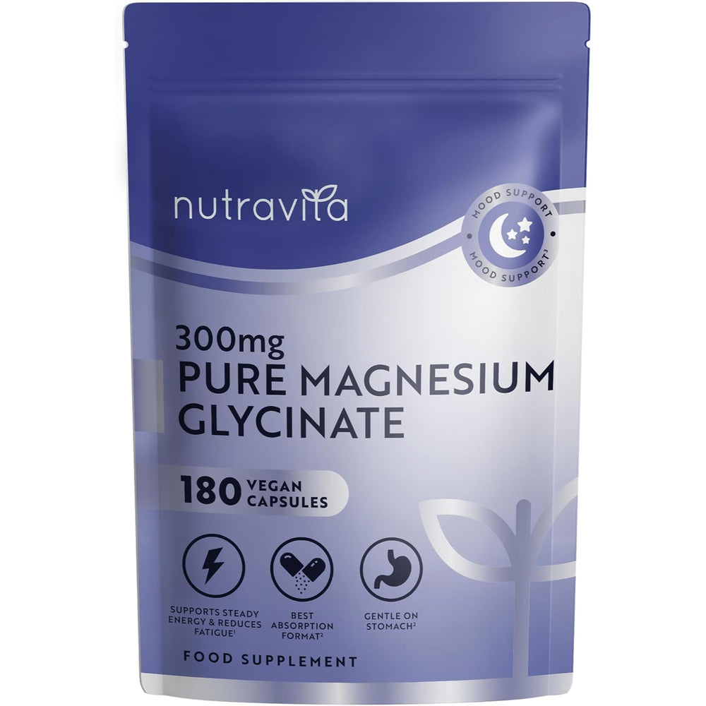 A stand-up pouch of Nutravita Pure Magnesium Glycinate 300mg, containing 180 vegan capsules. The packaging features a blue-to-silver gradient design with white text and icons indicating key benefits.