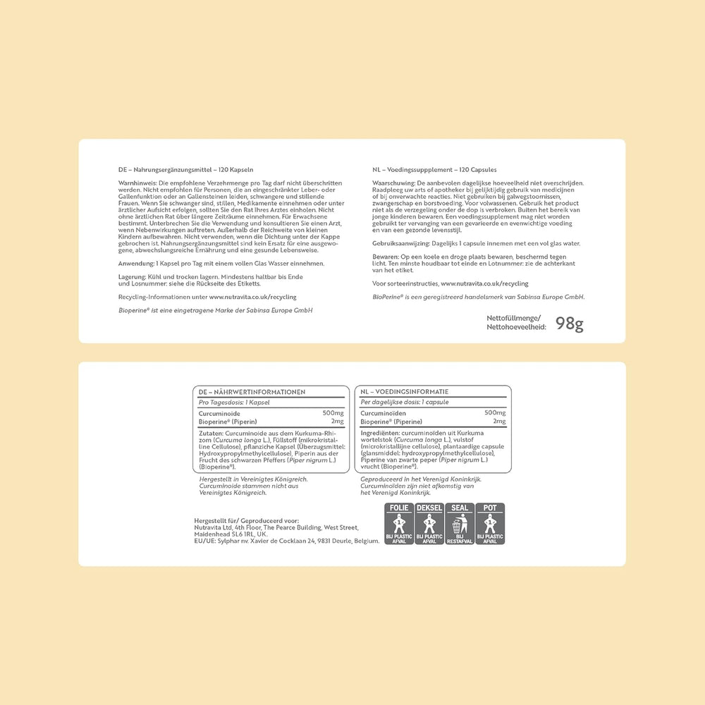 Two white rectangular supplement label panels with German text, product details, and icons, centered on a warm beige background.