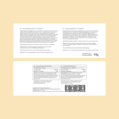 Two white rectangular supplement label panels with German text, product details, and icons, centered on a warm beige background.