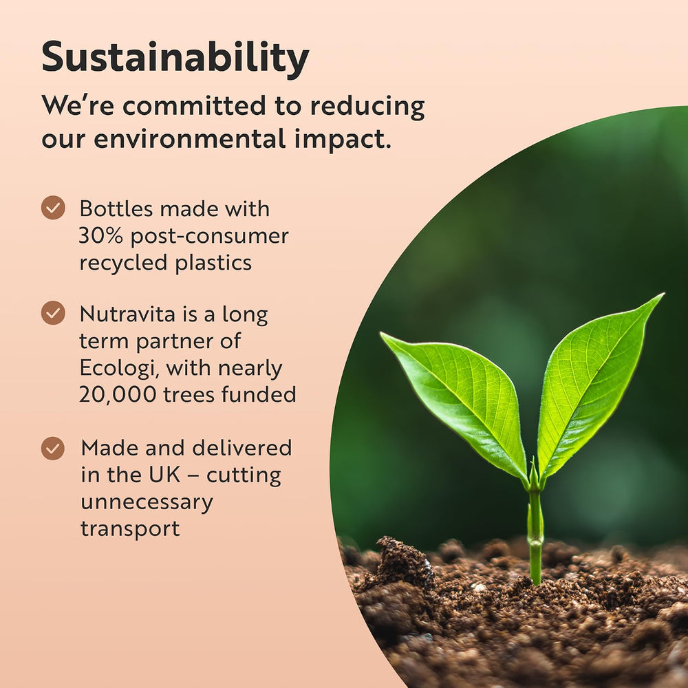 Sustainability promotional graphic with text about reducing environmental impact, recycled plastics, Ecologi partnership, and UK delivery, alongside a green plant sprout in soil inside a circular photo area.