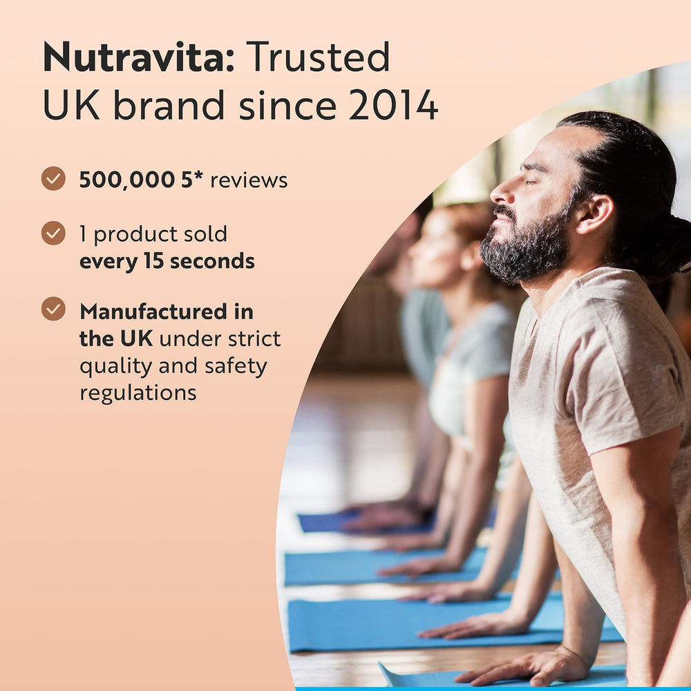 Promotional graphic for Nutravita, showing a group of people in a yoga pose on blue mats, with text highlighting trust, UK branding, review count, and manufacturing standards.