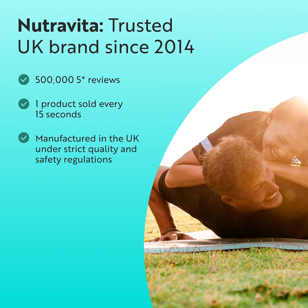 Promotional graphic for Nutravita with text on the left and a lifestyle photo of a smiling couple lying on grass on the right. The left side is turquoise with black text reading 'Nutravita: Trusted UK brand since 2014' and bullet points about reviews, sales rate, and UK manufacturing.