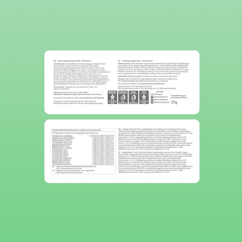 Two white rectangular product information cards with German text, shown on a light green background.