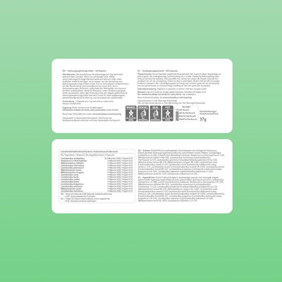 Two white rectangular product information cards with German text, shown on a light green background.