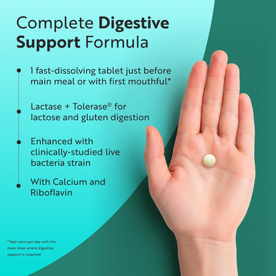 A hand holding a single round beige tablet on a teal and green graphic background with text describing a complete digestive support formula and ingredients.