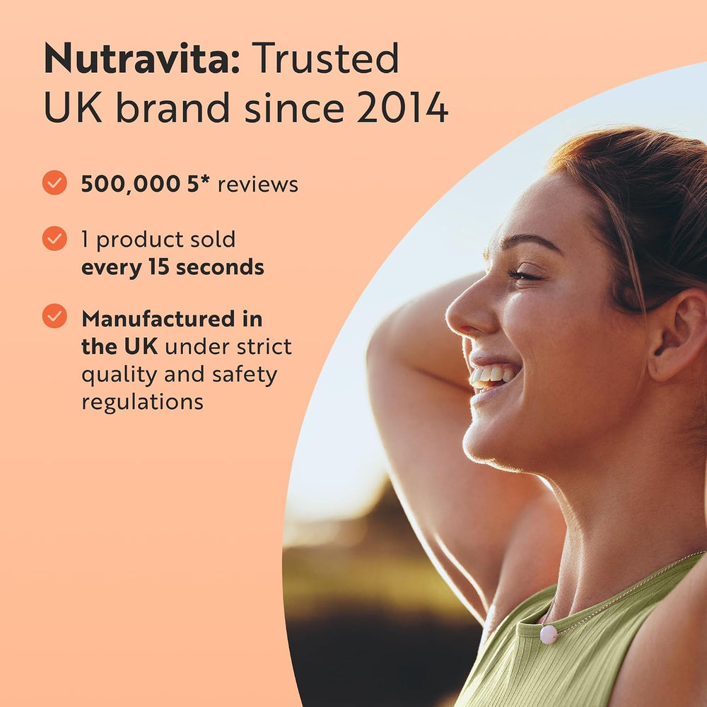 Promotional graphic for Nutravita featuring a smiling woman in profile on the right and text on the left stating 'Nutravita: Trusted UK brand since 2014' with bullet points about 500,000+ reviews, sold every 15 seconds, and UK manufacturing.