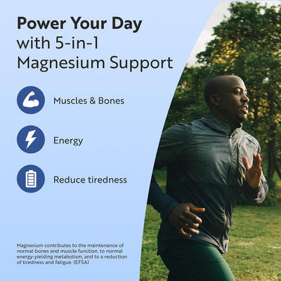 Person running outdoors with magnesium supplement advertisement on a blue background