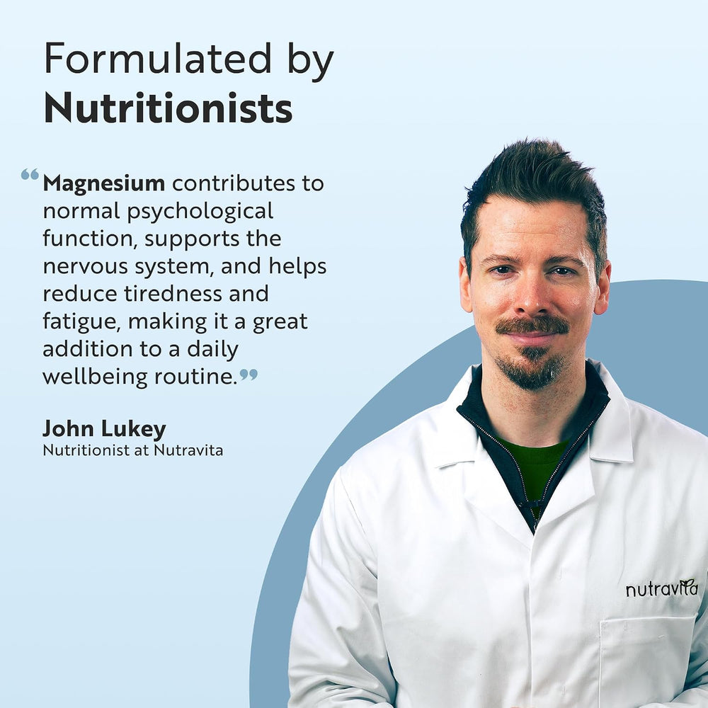 A promotional graphic with a portrait of John Lukey, a nutritionist at Nutraviva, wearing a white lab coat. The left side features text reading 'Formulated by Nutritionists' and a quote about magnesium, set against a light blue background with a blue circular graphic element.