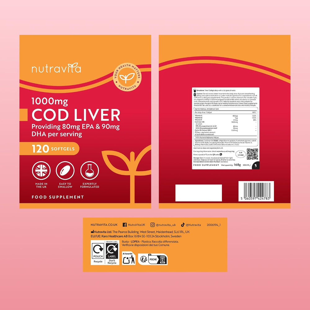 Front and back packaging of Nutravifa Cod Liver 1000mg food supplement softgels, displayed on a pink gradient background with a small orange footer strip.