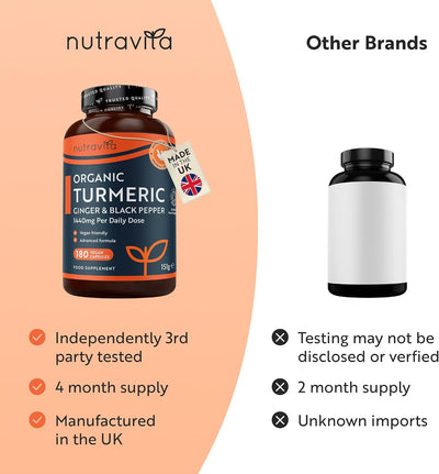 A promotional product graphic for Nutravita Organic Turmeric. The left side shows the actual supplement bottle with a black cap, orange and dark blue label, and a 'Made in the UK' tag.