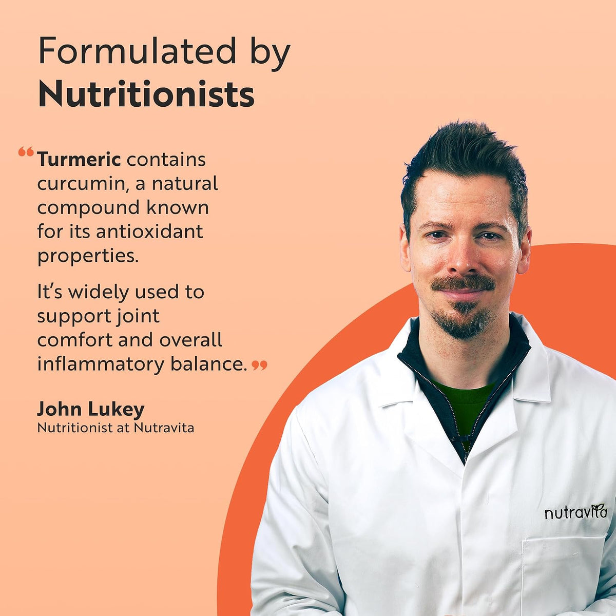 Nutritionist John Lukey from Nutravita with text about turmeric and its benefits on a peach background