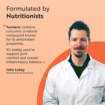Nutritionist John Lukey from Nutravita with text about turmeric and its benefits on a peach background