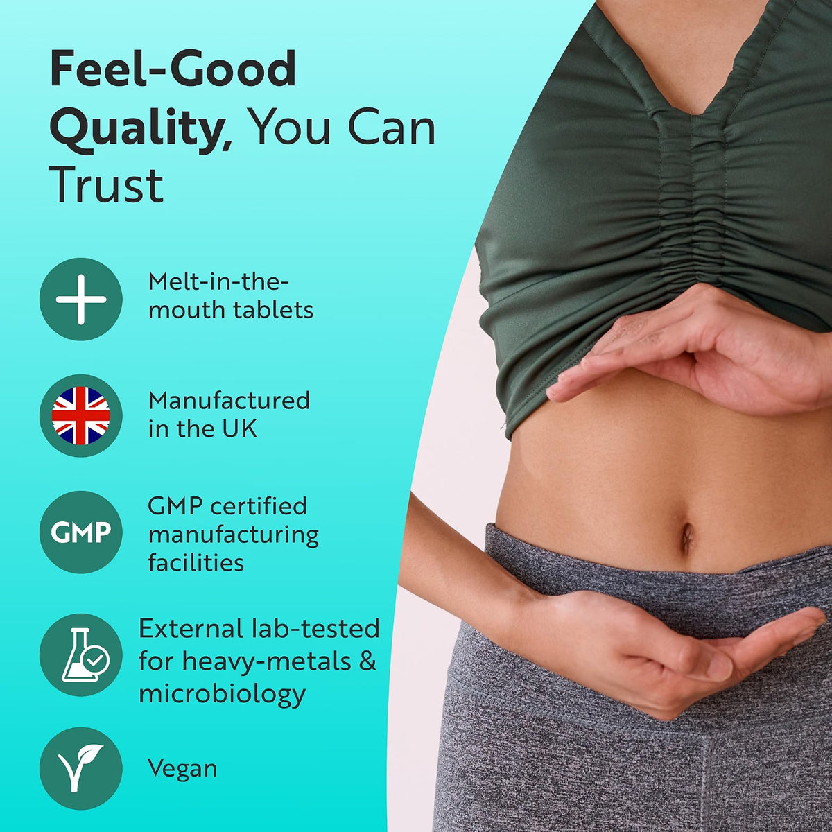 A promotional graphic for a vegan stomach ulcer medicine tablet. The left side features a bright teal background with text highlighting product benefits: melt-in-the-mouth tablets, manufactured in the UK, GMP certified, externally lab-tested, and vegan.