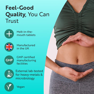A promotional graphic for a vegan stomach ulcer medicine tablet. The left side features a bright teal background with text highlighting product benefits: melt-in-the-mouth tablets, manufactured in the UK, GMP certified, externally lab-tested, and vegan.