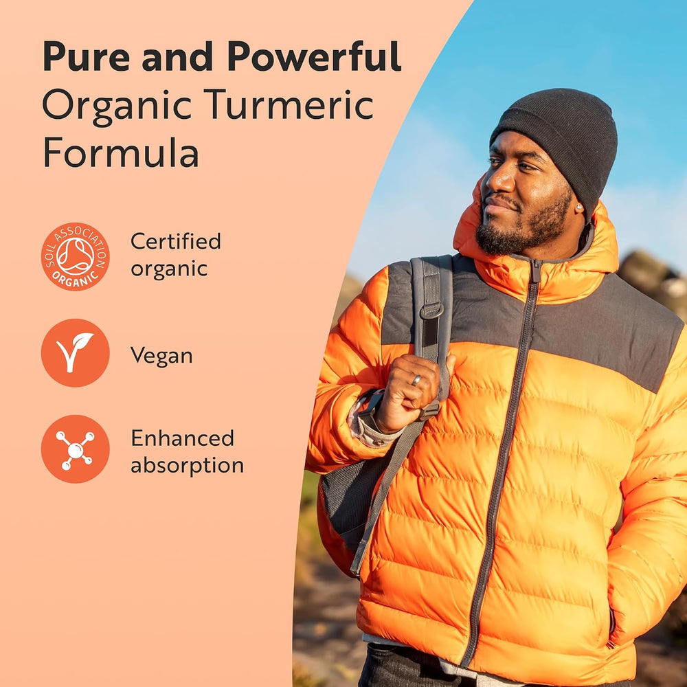 A promotional graphic for a turmeric formula featuring a man wearing an orange and gray puffer jacket outdoors on the right, and text on the left that reads 'Pure and Powerful Organic Turmeric Formula' with icons for certified organic, vegan, and enhanced absorption.