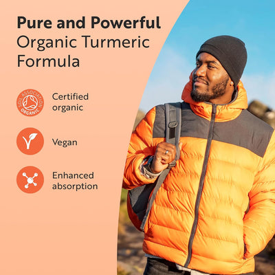 A promotional graphic for a turmeric formula featuring a man wearing an orange and gray puffer jacket outdoors on the right, and text on the left that reads 'Pure and Powerful Organic Turmeric Formula' with icons for certified organic, vegan, and enhanced absorption.
