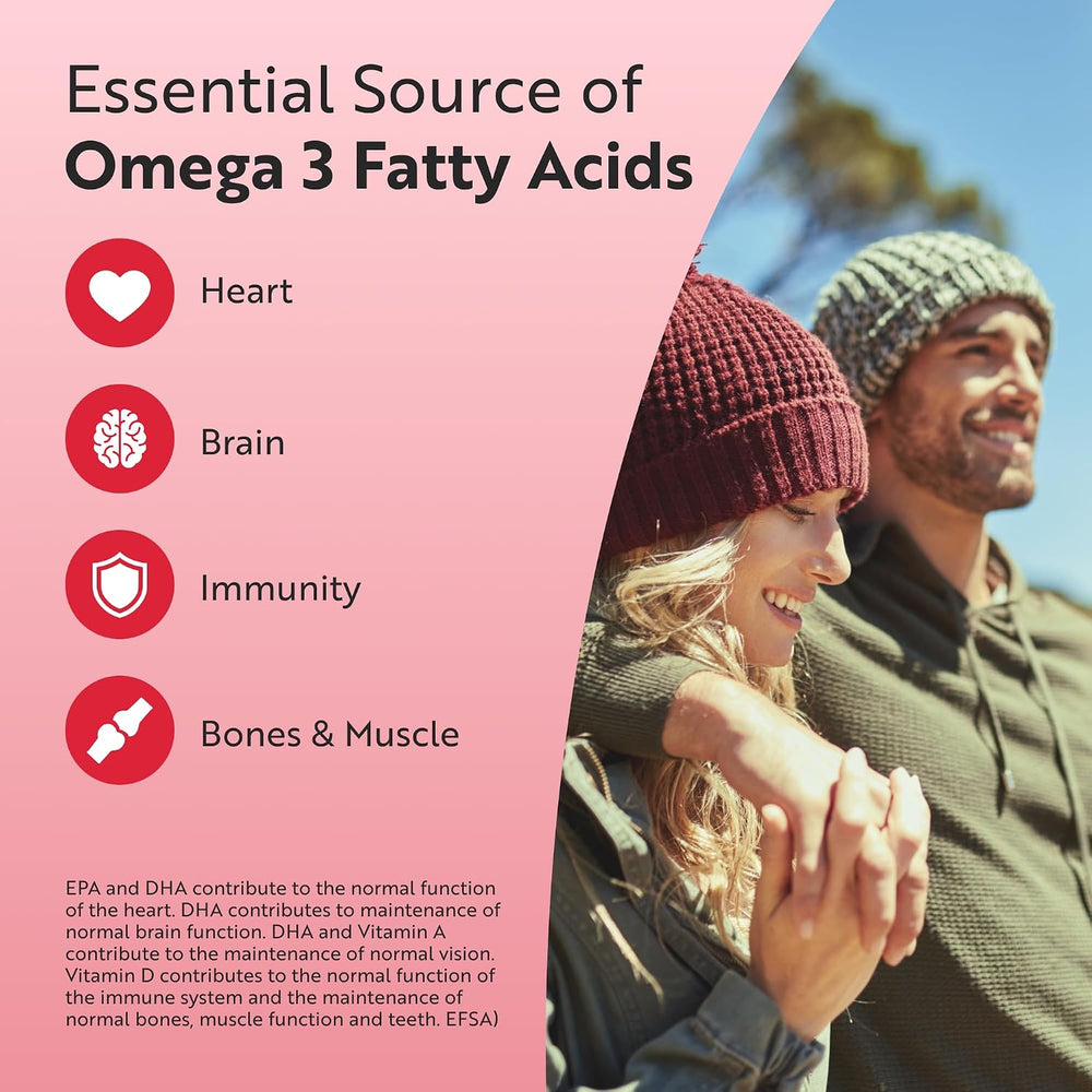 Promotional graphic for Omega 3 fatty acids with a pink left panel containing text about heart, brain, immunity, and bones, and a photo of a smiling couple on the right wearing knit beanies against a blue sky.