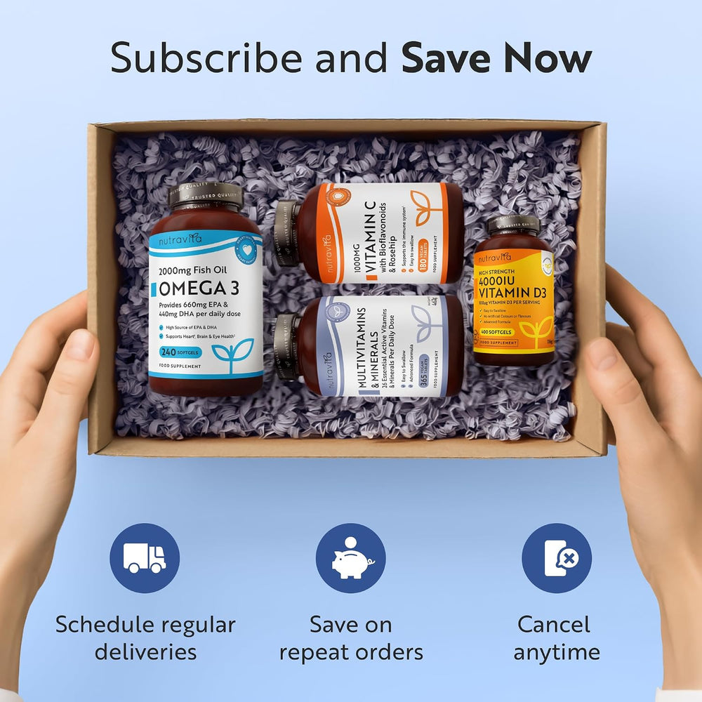A hands-held open cardboard box filled with crinkle paper and four supplement bottles, with promotional text above and below on a light blue background. The bottles include Omega 3, Vitamin D, Multivitamins, and Vitamin B12.