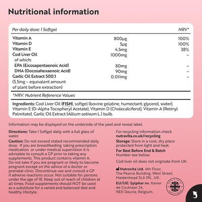 A flat, front-facing informational label with a white background and black text headed 'Nutritional information' for Softgel product by NutruTiva. The label lists per daily dose amounts for vitamins and cod liver oil, with NRV columns and usage/directions text below.