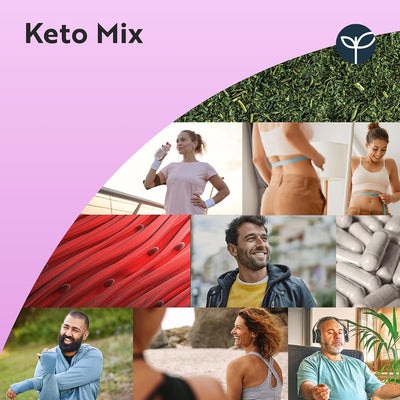 Collage of people and lifestyle images with 'Keto Mix' branding on a pink background.