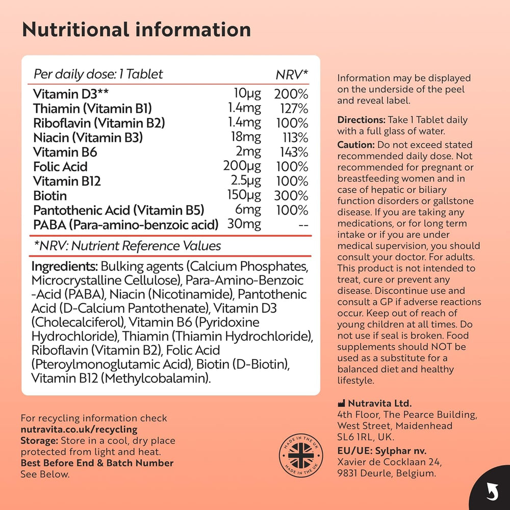 Nutritional information label for Nutrivita Syphilis dietary supplement, showing a daily dose table with vitamins, minerals, and amino acids, plus ingredients and storage instructions on a light beige background.