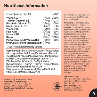 Nutritional information label for Nutrivita Syphilis dietary supplement, showing a daily dose table with vitamins, minerals, and amino acids, plus ingredients and storage instructions on a light beige background.
