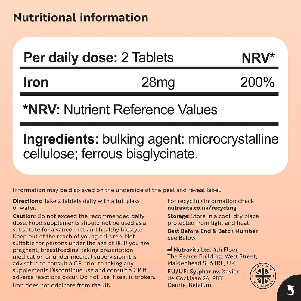 Nutritional information label for Nutravita iron supplement, showing a supplement facts panel with 2 tablets daily, 28mg iron, and 200% NRV, on a peach and white background with company details at the bottom.