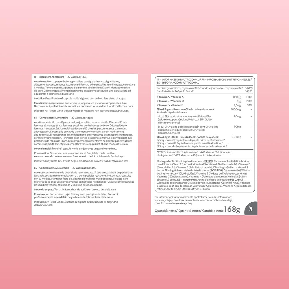 Two white rectangular supplement fact panels with black text on a soft pink background, showing Italian nutritional information and ingredients for a capsule product.