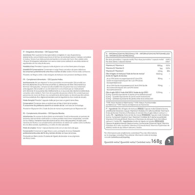 Two white rectangular supplement fact panels with black text on a soft pink background, showing Italian nutritional information and ingredients for a capsule product.