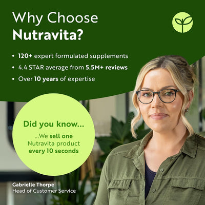 Promotional image for Nutravita with a woman in glasses and green shirt, featuring their branding and key selling points.