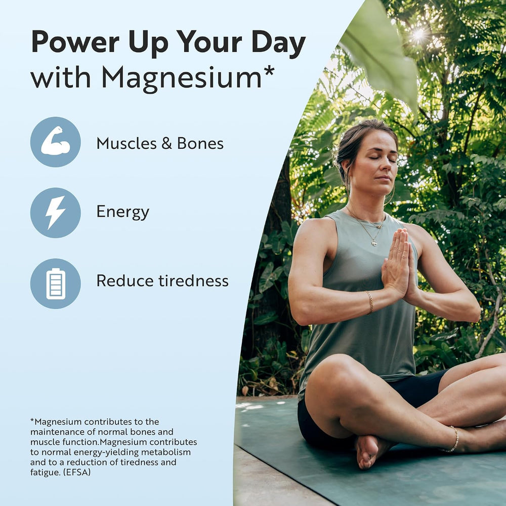 A promotional graphic for magnesium benefits, with text reading 'Power Up Your Day with Magnesium' and icons for Muscles & Bones, Energy, and Reduce tiredness. On the right, a woman in a green sleeveless top sits cross-legged outdoors on a yoga mat among green foliage.