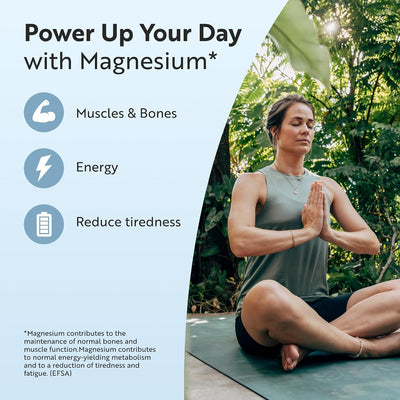 A promotional graphic for magnesium benefits, with text reading 'Power Up Your Day with Magnesium' and icons for Muscles & Bones, Energy, and Reduce tiredness. On the right, a woman in a green sleeveless top sits cross-legged outdoors on a yoga mat among green foliage.