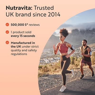 Promotional graphic for Nutravita with text on the left and a lifestyle photo of two runners on a trail on the right. The left side has a peach background with white text reading 'Nutravita: Trusted UK brand since 2014' and bullet points about reviews, speed, and UK manufacturing.