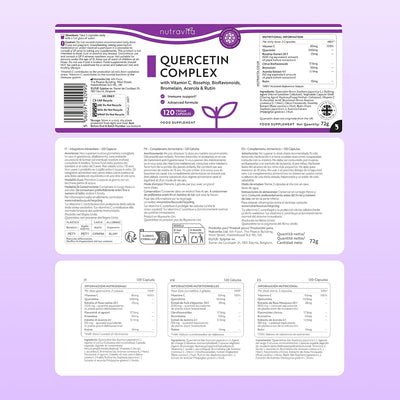 The front and back packaging of a NutraVita Quercetin Complex supplement, displayed against a light lavender background.