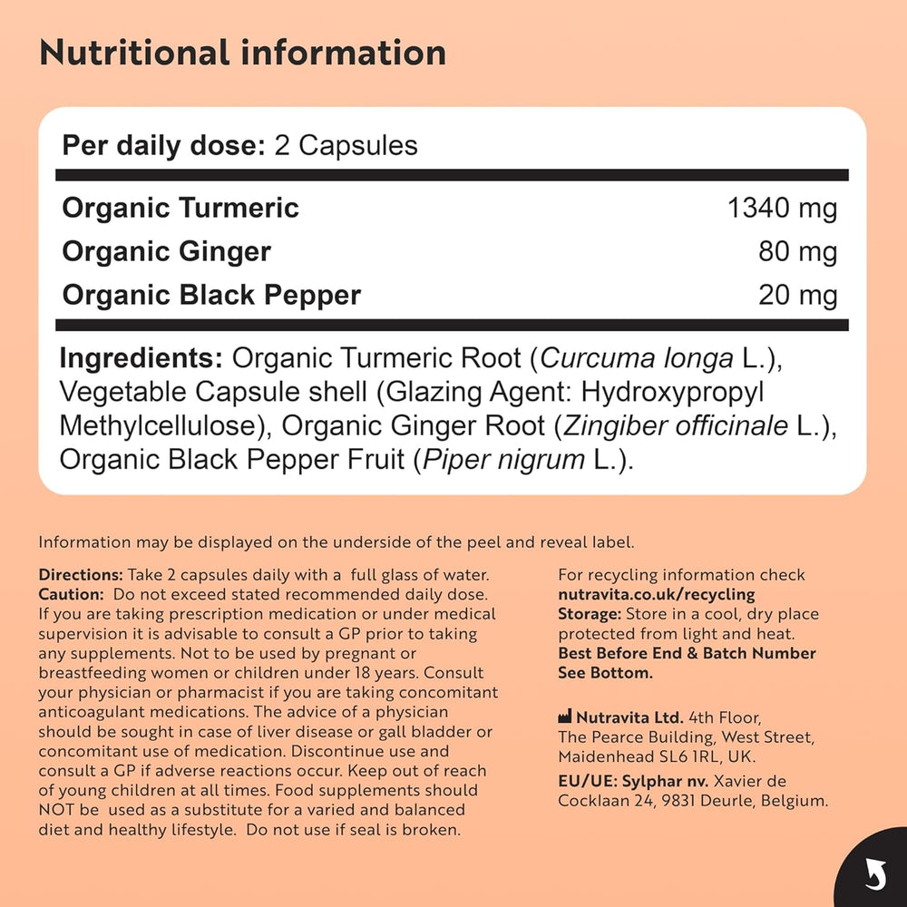 Nutritional information label for a supplement with ingredients and dosages on a peach background.