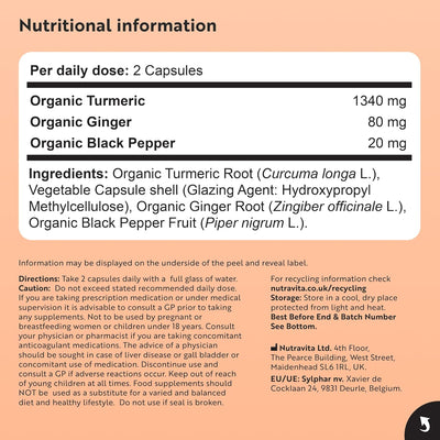 Nutritional information label for a supplement with ingredients and dosages on a peach background.