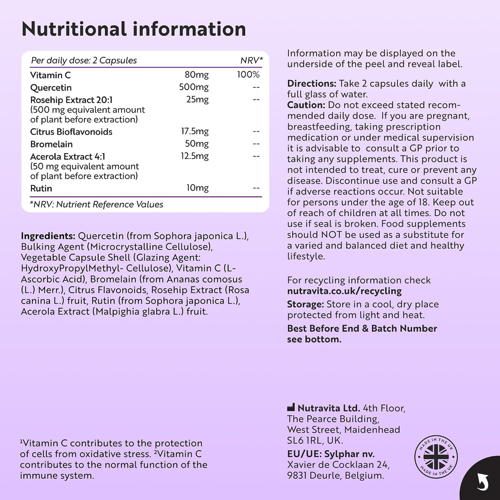 A full-page nutritional information and ingredients label on a white background, with black text, a product photo in the top right corner, and Nutravita branding at the bottom.