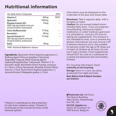 A full-page nutritional information and ingredients label on a white background, with black text, a product photo in the top right corner, and Nutravita branding at the bottom.