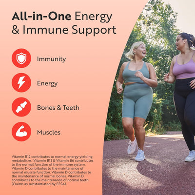Two women exercising outdoors with text about all-in-one energy and immune support.