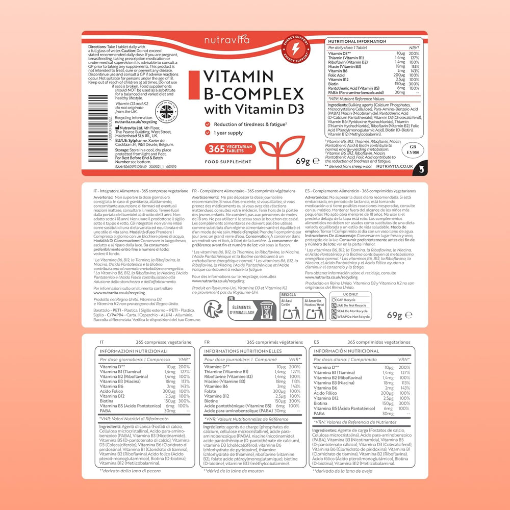 The back panel of a NutraVita Vitamin B-Complex with Vitamin D3 supplement box, displayed against a solid peach background. The label features red and white branding, extensive text in multiple languages detailing ingredients, nutrition facts, and usage instructions.