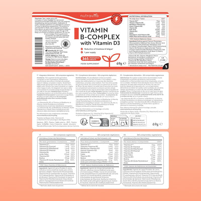 The back panel of a NutraVita Vitamin B-Complex with Vitamin D3 supplement box, displayed against a solid peach background. The label features red and white branding, extensive text in multiple languages detailing ingredients, nutrition facts, and usage instructions.