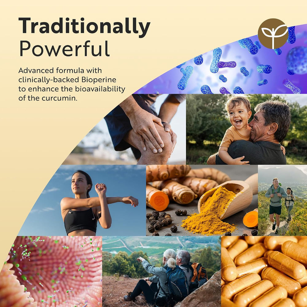 Promotional graphic for Curcumin supplements with German text, featuring a collage of lifestyle photos including people exercising, eating turmeric, and walking outdoors, alongside a close-up of turmeric roots, a powder spill, and golden capsules.
